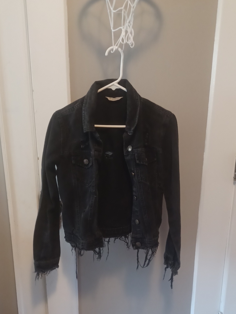 Blu[edit] Black Distressed Women’s Denim Jacket - Raw Hem